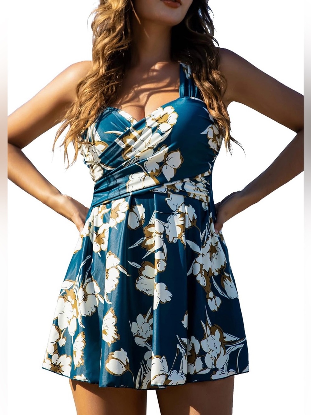 COCOPEAR Swim Dress One Piece Swimsuit Size XL - Dark Prussian Blue Floral